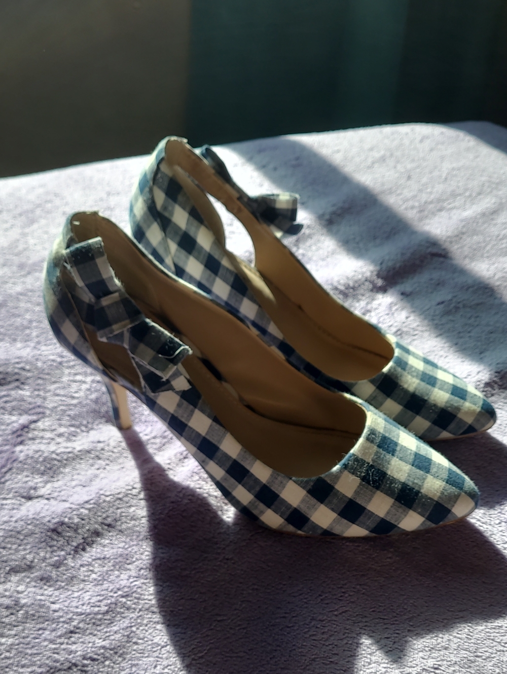Blue and White JustFab Gingham Pointed-Toe Heels